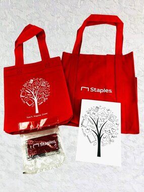 Staples Set Reusable Red Tote Bags (2) +Lined Journal/Notebook +Luggage Tag NWT